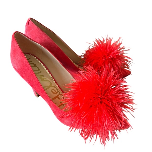 Sam Edelman Red Hide Heels Featuring a Feathers Pom Pom Size 7.5 - Picture 4 of 8
